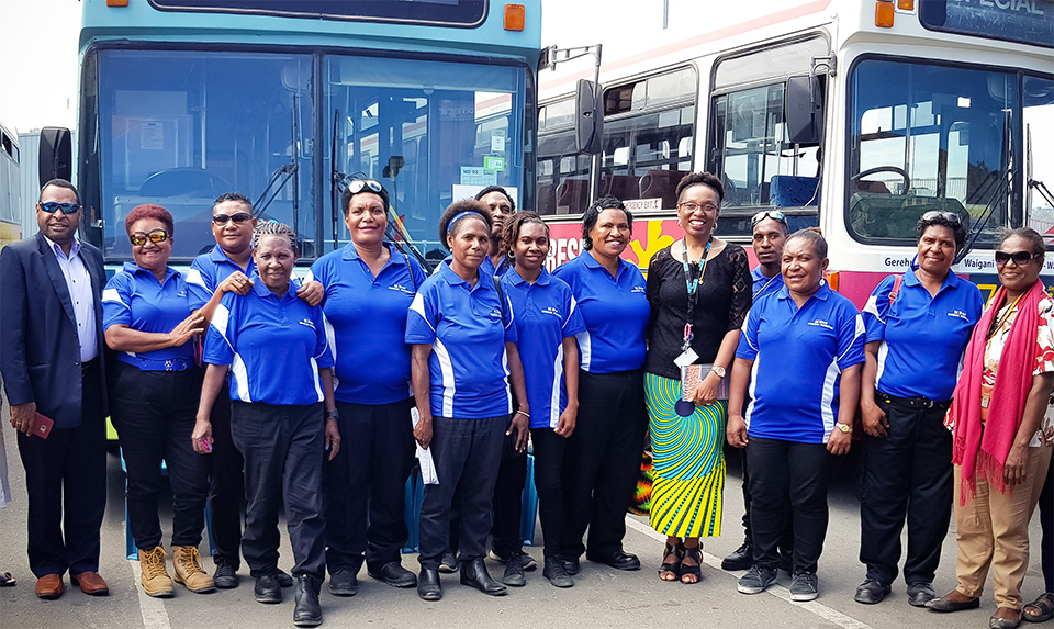 Officials of the Road Traffic Authority and UN Women pose with drivers and staff members of the women-only buses, at the 11 July launch ceremony. Photo: UN Women/Mariyam Nawaz