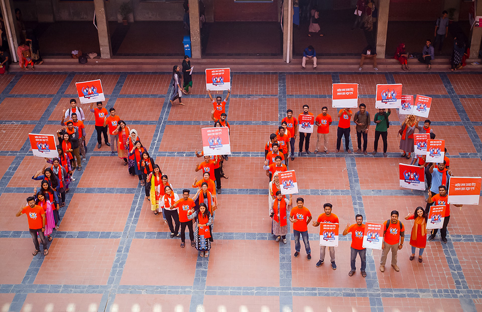 Student Campaign Group in East West University showing their commitment to end violence for 16 Days of Activism, 3 Dec 2018, Dhaka, Bangladesh. Photo: Fahad Kaizer