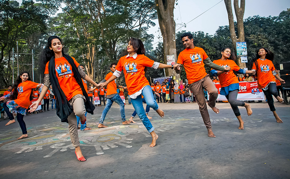 Students participating in a flash mob dance during student activation in Rajshahi University for 16 Days of Activism, 4 December 2018, Rajshahi, Bangladesh. Photo: Fahad Kaizer