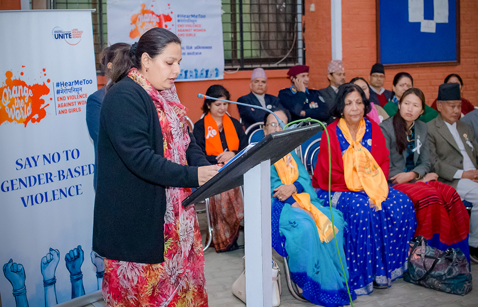 UN Women Nepal’s Deputy Representative Gitanjali Singh speaking during interaction programme in Province 3. In her remarks she focused on the need to collaborate with different stakeholders to change discriminatory norms and practices to shift the power imbalance. Photo: UN Women/Nabin Regmi