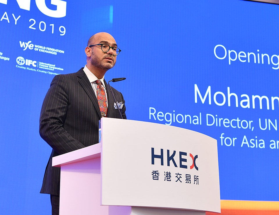 Mohammad Naciri of UN Women delivers the opening remarks at the bell ringing ceremony. Photo: Courtesy of HKEX