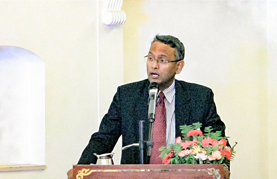 Mr. Ghimire giving his remarks at the National Consultation on Beijing+25 Workplan held in Kathmandu last month   Photo: UN Women/Sadi Pokharel