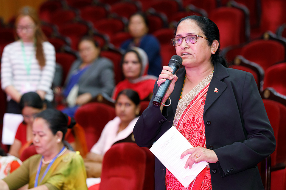 “Out of the 293 mayors of municipalities and 460 chairpersons of rural municipalities, only 18 of us are women,” said Sima Chhetri, Mayor of Putalibazar Municipality, Syangja District, during the interaction with political leaders. Photo: UN Women/Laxmi Maharjan