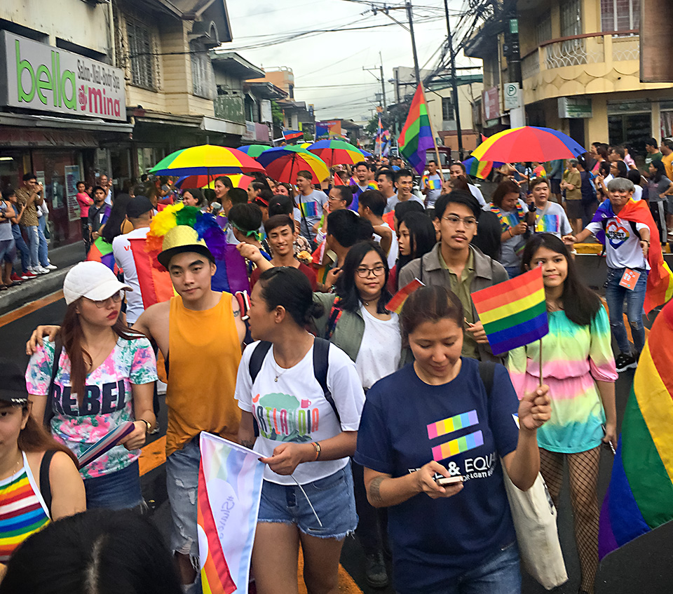 People fill the streets of Marikina during the 29 June Pride march. Photo: UN Women/Rebecca Singleton