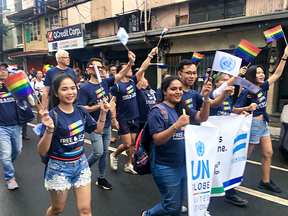 Members of the United Nations contingent show their support at the 29 June Metro Manila Pride march. Photo: UN Women/Rebecca Singleton
