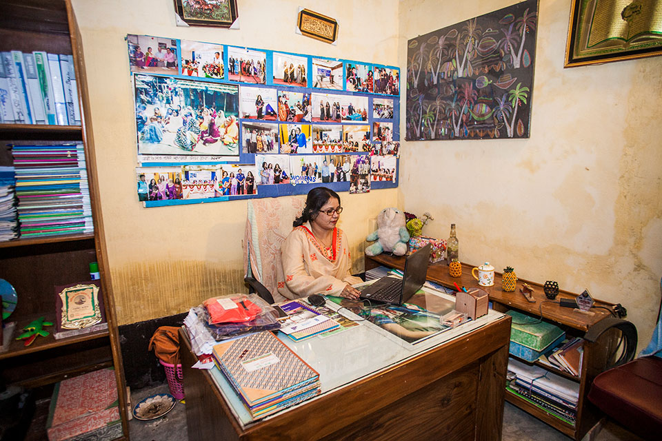 Parveen Akter, hails from Ghop Nawapara Road in Jessore. She is the owner of Glamour Boutique House and Training Center, which has been operating since 2007. Photo: UN Women/Fahad Kaizer