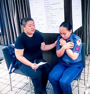 Training participants explore victim-centred interviewing techniques through role-play exercises. Photo: UN Women/Alexandra Håkansson Schmidt