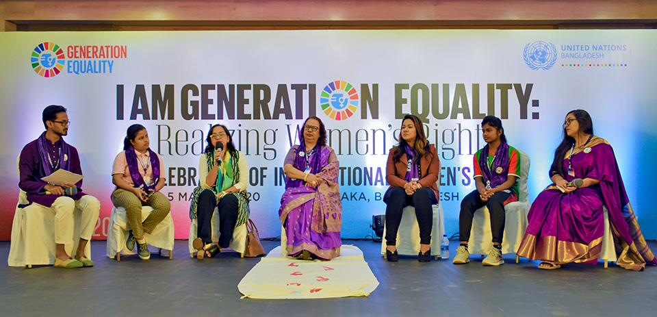 In the intergenerational dialogue, accomplished athletes and entrepreneurs share stories of how they succeeded despite gender discrimination. Photo: UN Women/Evelin Jaita Karmokar