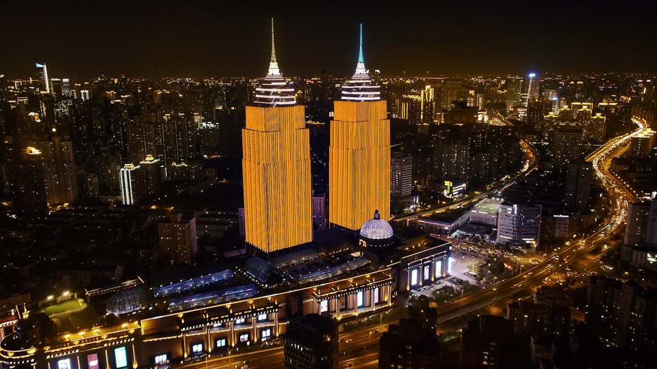 2020 orange building light-up the Twin Towers in Shanghai, China.  Photo: Courtesy of China Advertisement Association