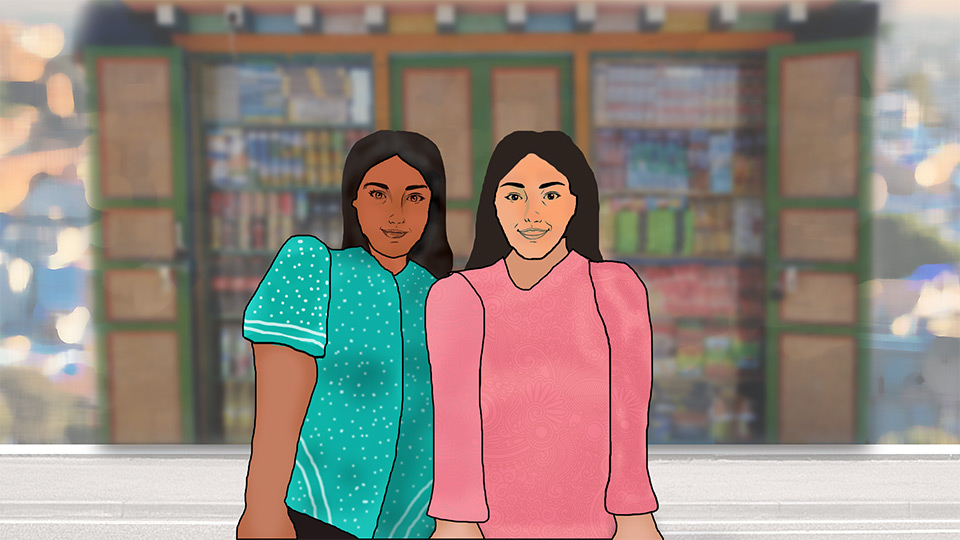 Selanika Rosairo (right) poses with her mother in front of their store in Bandarawela village in Uva Province of Sri Lanka. Illustration: UN Women Sri Lanka/Natalie Soysa