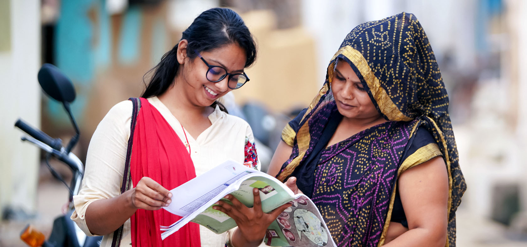 Sarita Mehra (on the right) from Baran, Rajasthan, is a participant of UN Women’s Second Chance Education Programme. She can be seen here with Project Associate Saadiya Anjum (on the left). “When I was in class five, my father told me that he couldn’t afford my education anymore. After I got married, my husband was supportive of continuing my education, but my mother in-law disagreed. The desire to study kept haunting me.” Sarita Mehra enrolled back into formal education in 2020; she is working as a trainer at the Pradhan Mantri Kaushal Kendra centre in Baran, teaching beautician courses. Photo: UN Women India