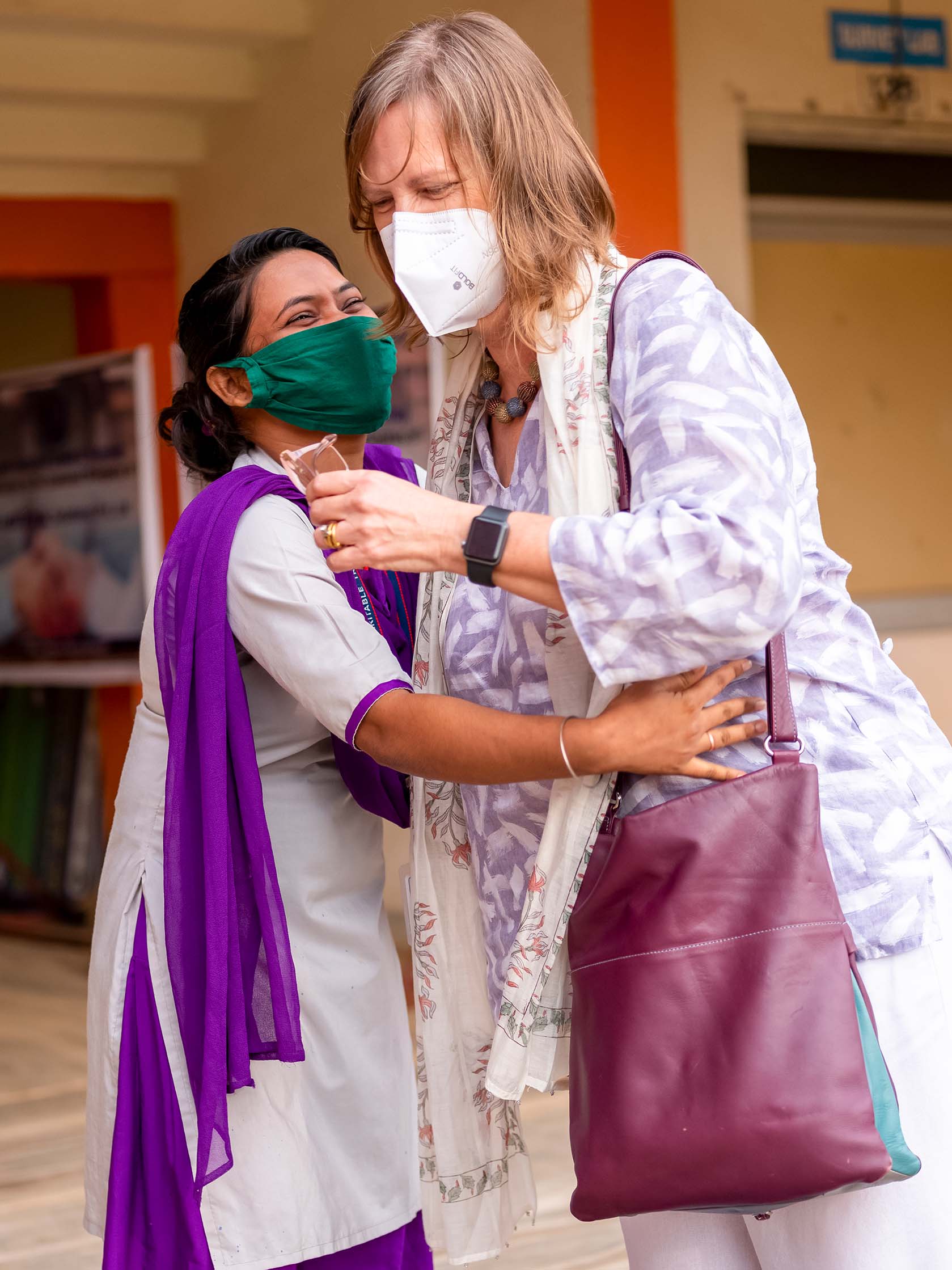 Photo: UN Women Country Representative in India, Susan Ferguson, embraces Tapaswini Barik, who is learning new skills through UN Women’s Second Chance Education Programme. Photo: UN Women/Prashanth Vishwanathan