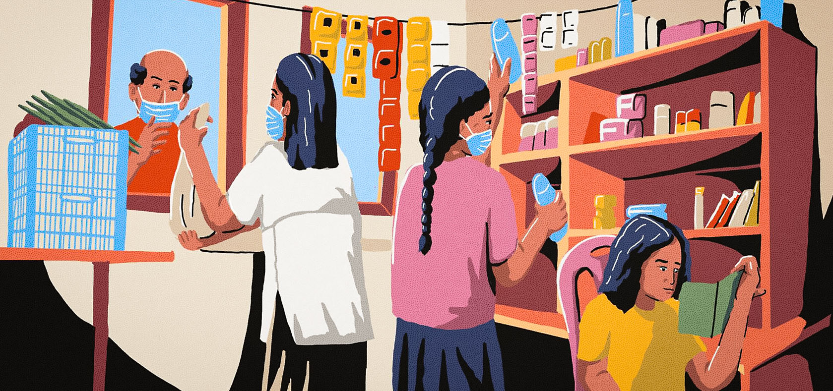 Business is picking up at Krishanthi’s grocery store. Illustration: UN Women Sri Lanka/Akila Weerasinghe