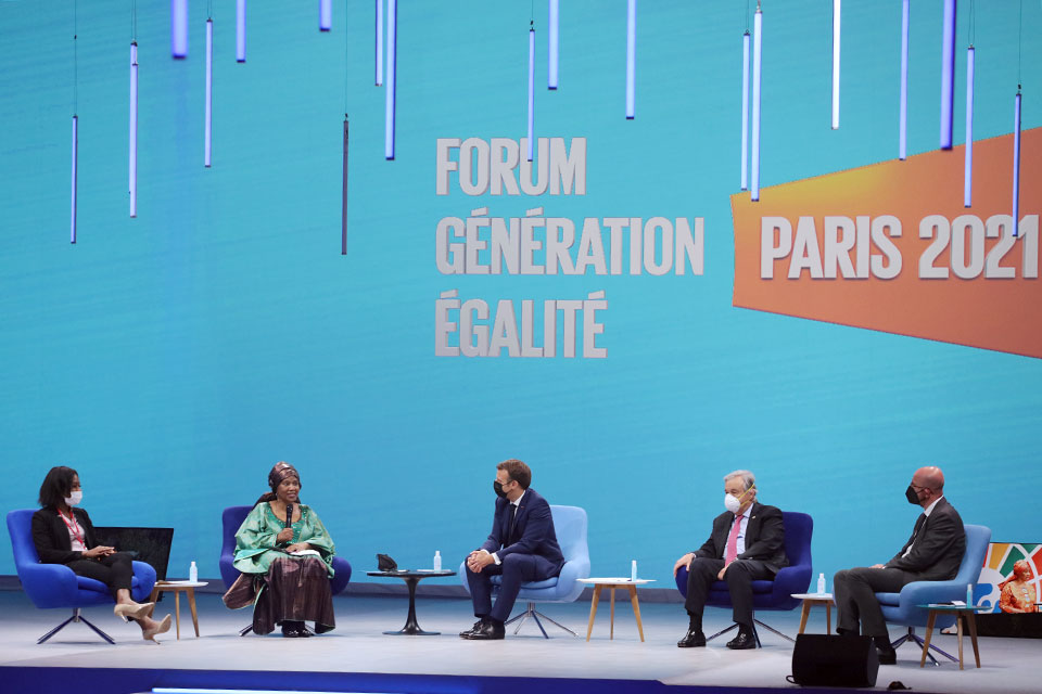 Member of the Generation Equality Youth Task Force Shantel Marekera, UN Women Executive Director Phumzile Mlambo-Ncuka, President of France Emmanuel Macron, UN Secretary General Antonio Guterres and President of the European Council Charles Michel participate in the opening ceremony of the Generation Equality Forum in Paris