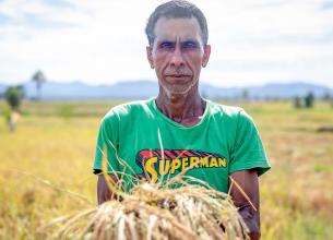 Bento Pereira in his family-owned paddy field harvesting rice. Photo: UN Women/Jaime Luis