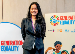 Geilee Skandakumar at the Gender Equality and Climate Action Multi-Stakeholder Dialogue in Bangkok, Thailand in October 2024. Photo: Courtesy of ARROW/Ploy Phutpheng