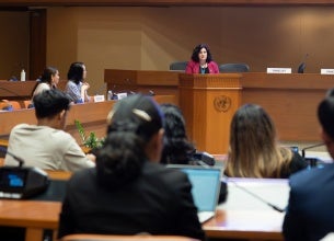 UN Women Regional Director for Asia and the Pacific, Christine Arab delivers opening remarks showcasing UN Women’s TransformCare Investment Initiative that calls for development coordination on gender equality and catalytic investments in care to benefit at least 100 million women and girls, create 125 million new employment opportunities in the care economy by 2035, and reduce women’s unpaid care work by at least two billion hours. Photo: UN Women/Pathumporn Thongking