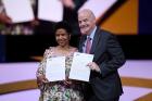 Gianni Infantino, FIFA President and Phumzile Mlambo-Ngcuka, Executive Director of UN Women sign a Memorandum of Understanding during the FIFA Women's Football Convention at Paris Expo Porte de Versailles on June 07, 2019 in Paris, France. Photo: Mike Hew