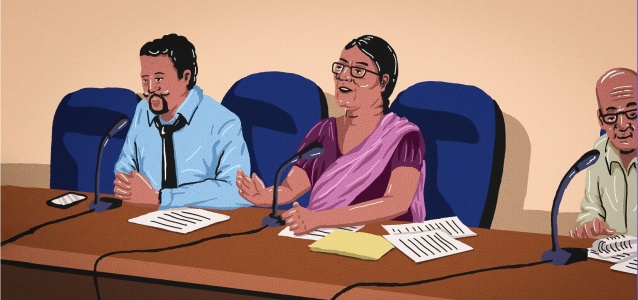 Chandrawathi Dissanayake hosts a discussion at the Pradeshiya Sabha. Illustration: UN Women Sri Lanka/Akila Weerasinghe 