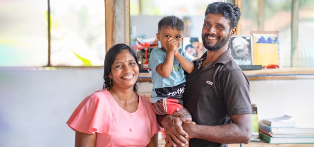 Jena pictured with her husband and youngest son in Uppukulam, Mannar in Sri Lanka’s Northern Province on 14 March 2023. Photo: UN Women Sri Lanka/Ruvin De Silva.