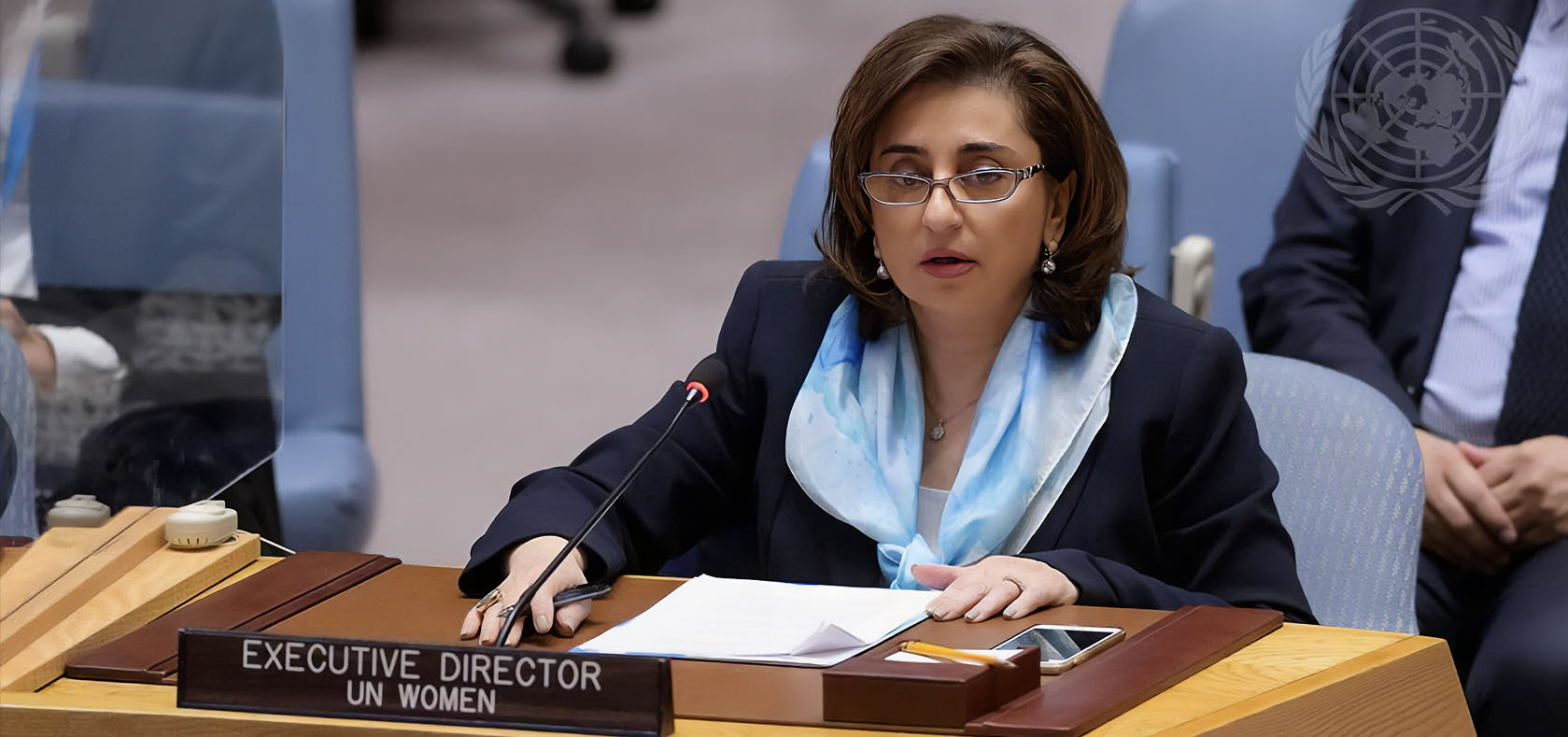 Sima Bahous, Executive Director of UN Women, briefs the Security Council meeting on the maintenance of peace and security in Ukraine. Photo: UN Photo/Manuel Elías