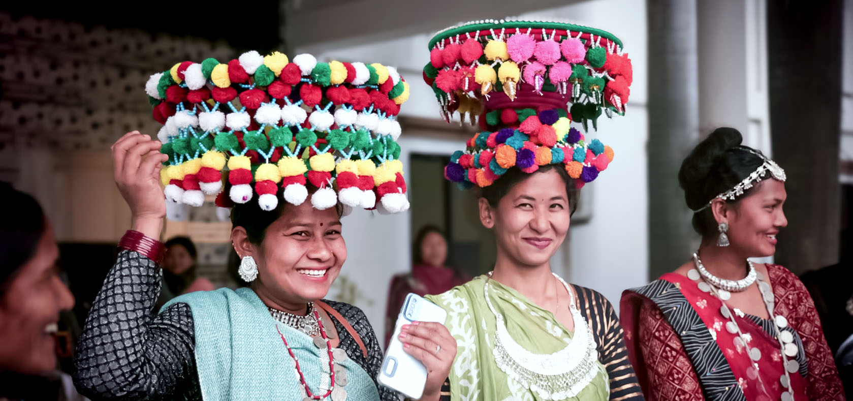 Tharu Indigenous women from the Bardiya district of Nepal show their traditional baskets Dhakiya during the workshop. Photo: Courtesy of CIPRED/Sharana Sherpa