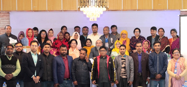 Group photo of local government representatives, women-led civil society orgnizations, local journalists and UN Women representatives at the Satkhira Gender in Humanitarian Action Working Group chapter launching event on 12 February 2024.