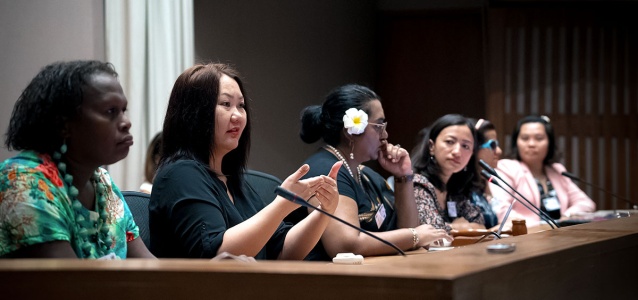The photo shows a diverse panel of six CSO female participants, one of them actively engaged in discussion during Beijing+25 special plenary session at UNCC Bangkok. Photo: UN Women/Pathumporn Thongking
